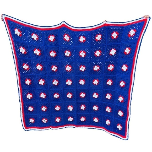 Handmade Patriotic Crochet Afghan 3D Flower Squares Red White Blue Stripe Trim - Picture 2 of 8